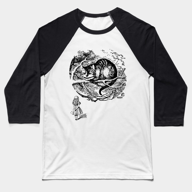 Cheshire Cat with Alice Baseball T-Shirt by BonzoTee